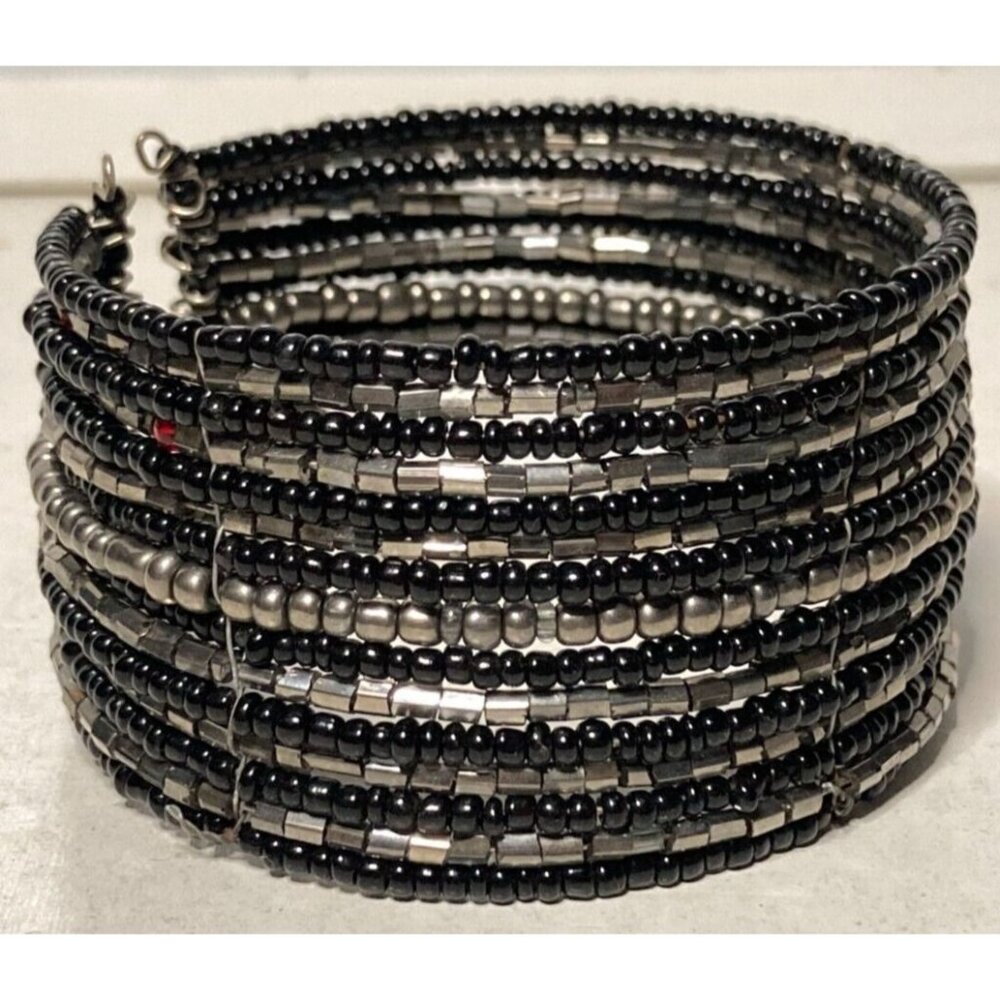 Black Silver Seed Bead Cuff Bracelet 1.25" Wide Wire Wrapped 15 Layer, Precious